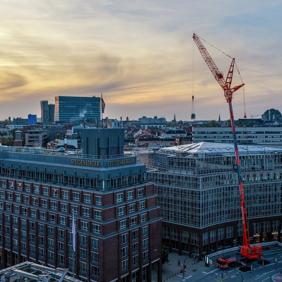 Krandienst Schulz's new Liebherr LTM 1400-6.1 on its maiden job in Hamburg city centre, next to St Michael's Church