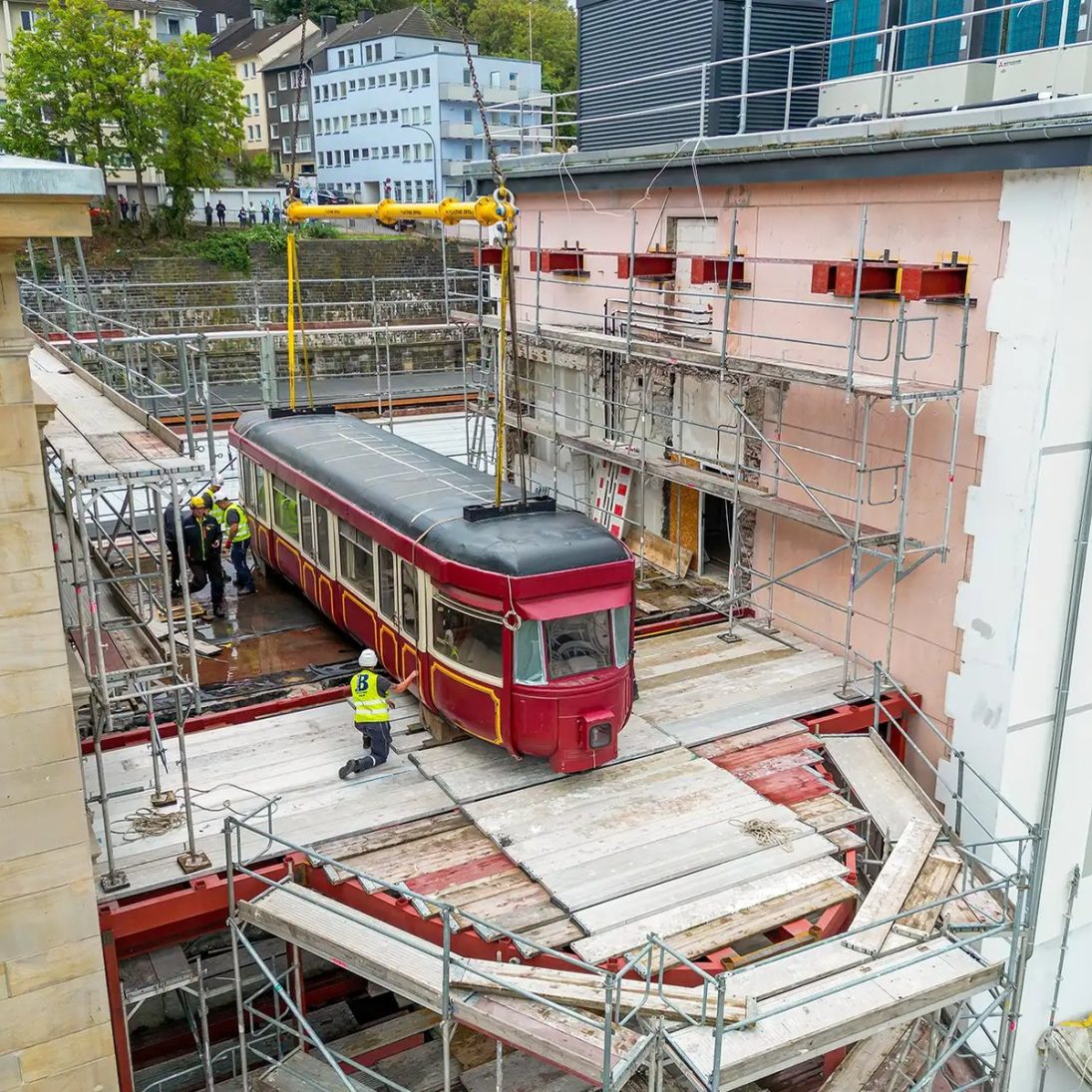 Liebherr LTM 1450-8.1 mobile crane set up on the narrow access road at Wuppertal Central Station