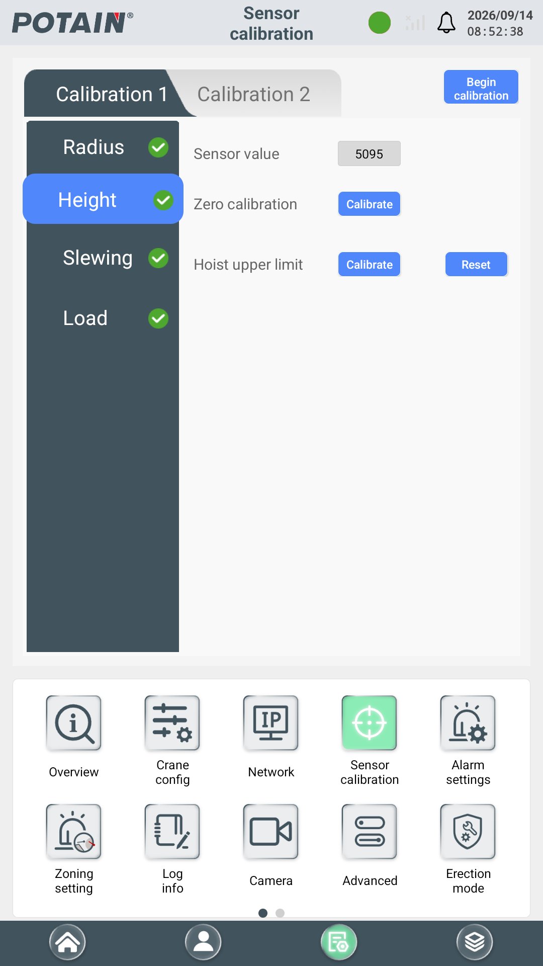 Sensor calibration menu of the Potain ECS for radius, height, slewing and load sensors