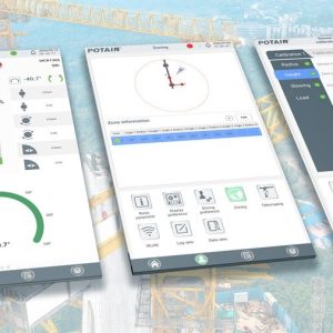 Potain ECS tower crane control system interface screens on a jobsite backdrop