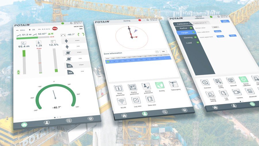 Potain ECS tower crane control system interface screens on a jobsite backdrop