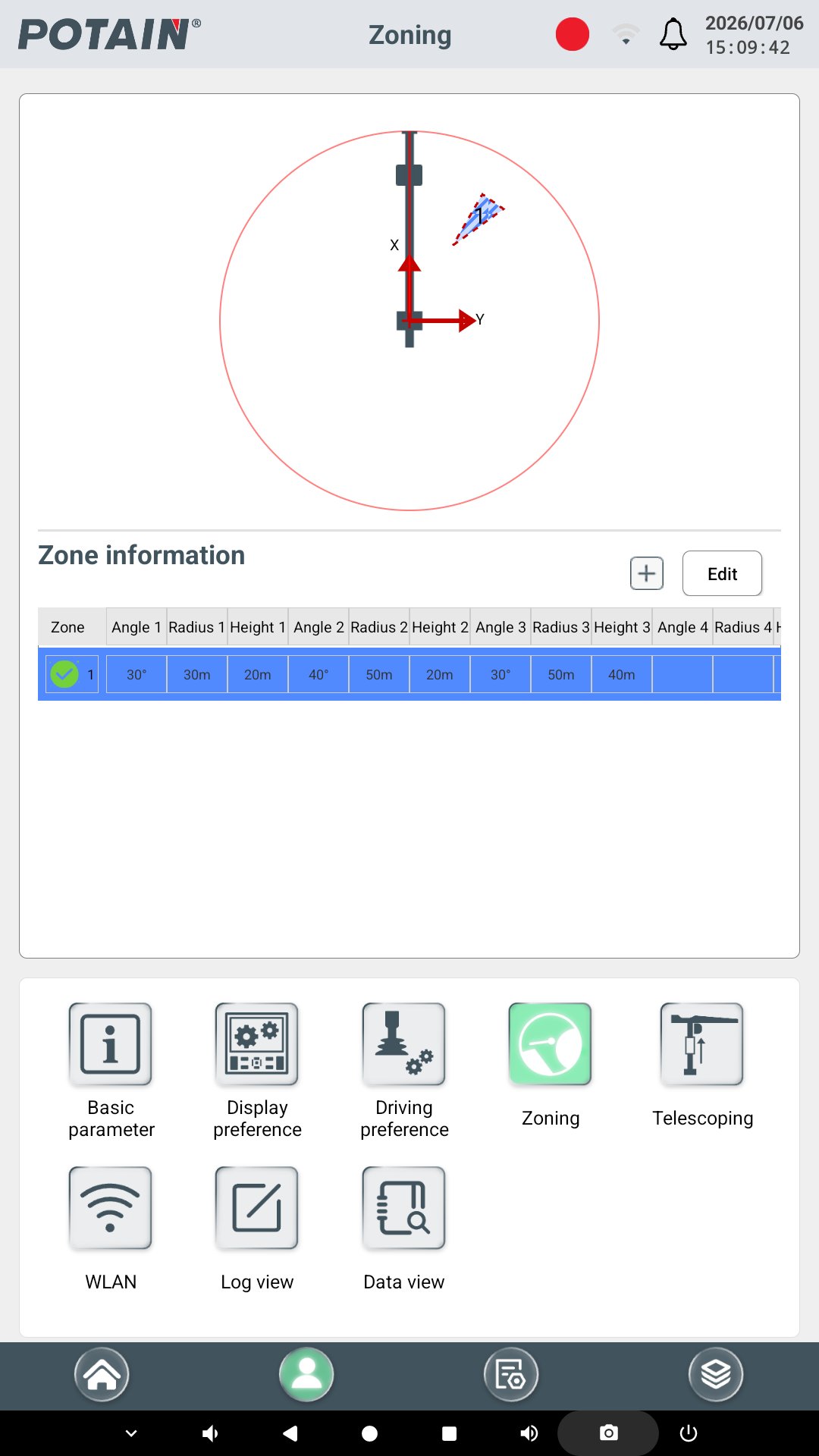 Zoning function of the Potain ECS tower crane control system with programmable working zones