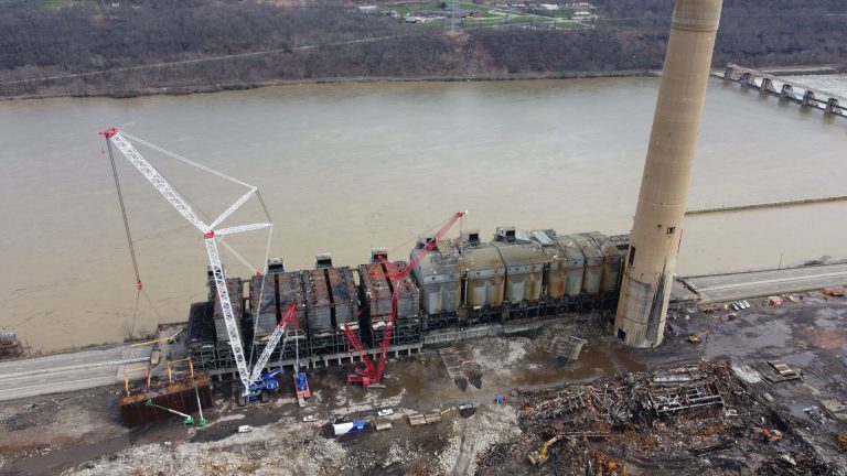 Tadano CC 78.1250-1 crawler crane dismantling baghouse structures at the W.H. Sammis Power Station in Stratton, Ohio