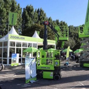 Zoomlion stand with aerial work platforms and cranes at Vertikal Days 2026, Newark Showground